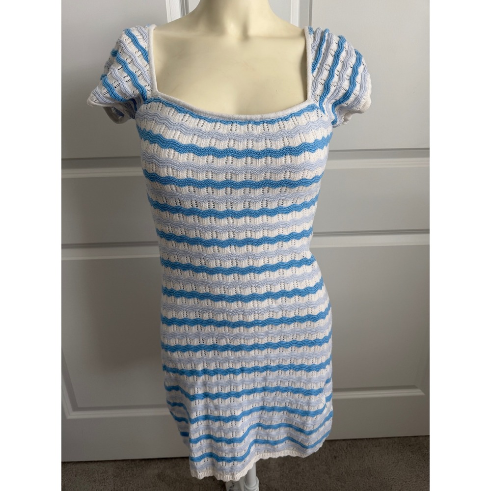 Hollister Womens Blue White Wavy Stripe Knit Mini Dress Square Neck Small